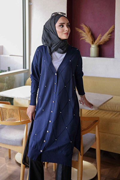 İmajButik Navy Blue Stoned Cold Yarn Knitwear Cardigan