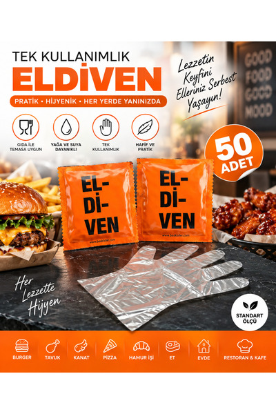 50’li Tek Kullanımlık Şeffaf Yemek Eldiveni – Burger, Kanat, Et ve Fast Food İçin Hijyenik Eldiven