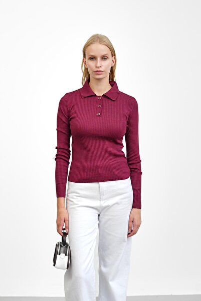 İmajButik Burgundy Ribbed Polo Neck Knitwear Body Sweater