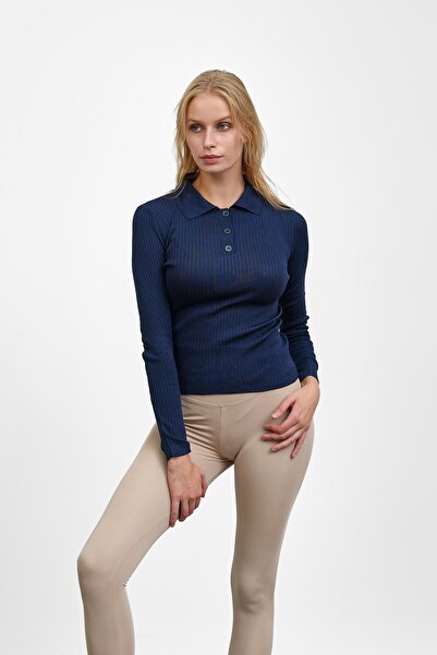 İmajButik Navy Blue Ribbed Polo Neck Knitwear Body Sweater