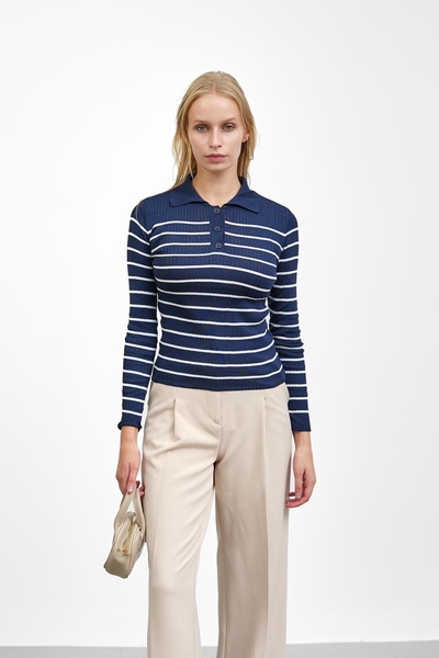 İmajButik Navy Blue Ribbed Polo Neck Knitwear Body Sweater