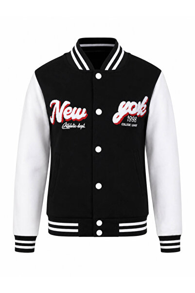 trender Buttoned New York Print 3 Thread College Black - White Boys' Sweatshi...