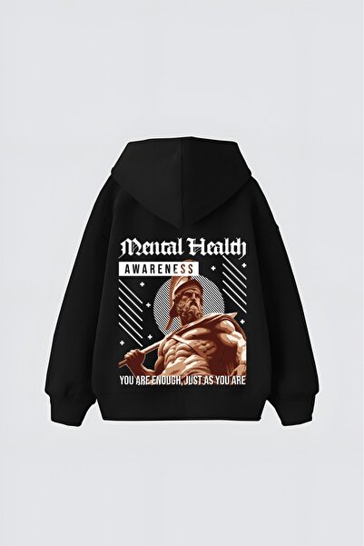 LADY HAZAL Black Unisex Mental Health Printed Hooded Oversize Patterned Fabri...