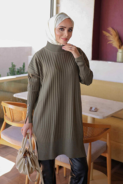 İmajButik Haki Soğuk İplik Kol Düğmeli Triko Tunik