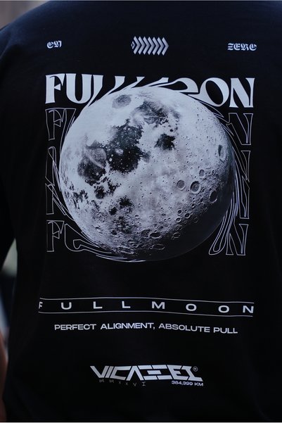 Unisex Erkek/Kadın Siyah Regular Fit Baskılı 'Full Moon' Tişört
