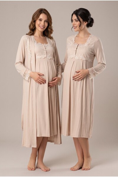 LOHOUSE Women's Beige Lace Long Sleeve Maternity Nightgown Set with Easy Nurs...