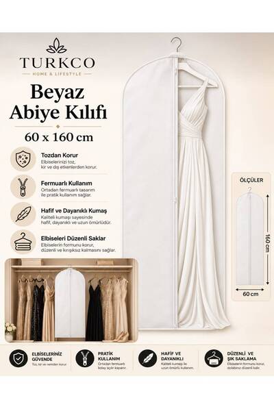 Turkco Beyaz Abiye Elbise Kılıfı 60x160 cm Fermuarlı Elbise Koruma Kılıfı 1li...