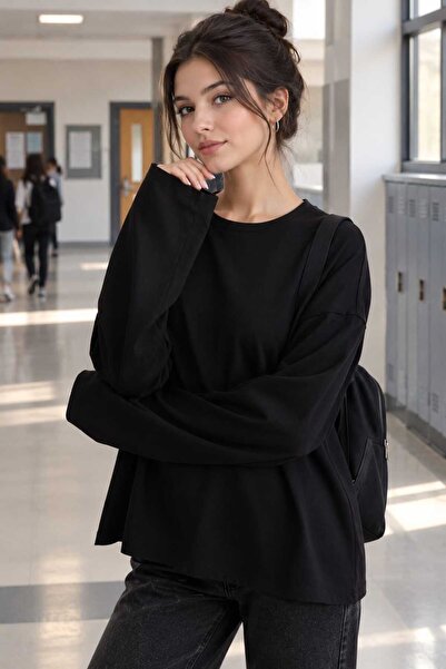 LYZALÜXEN Basıl Kadın %100 Pamuk Bisiklet Yaka Oversize Fit Uzun Kollu Beyaz ...