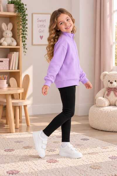 BEBEĞİME ÇORAP Girl's Front Zippered Stand Collar Lilac Cardigan - Camisole