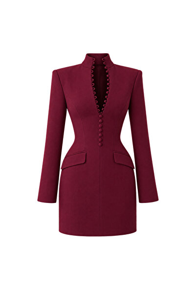 Julidress فستان أحمر كلاريت بتصميم ميني مبطن مع أزرار مزينة على الجسم