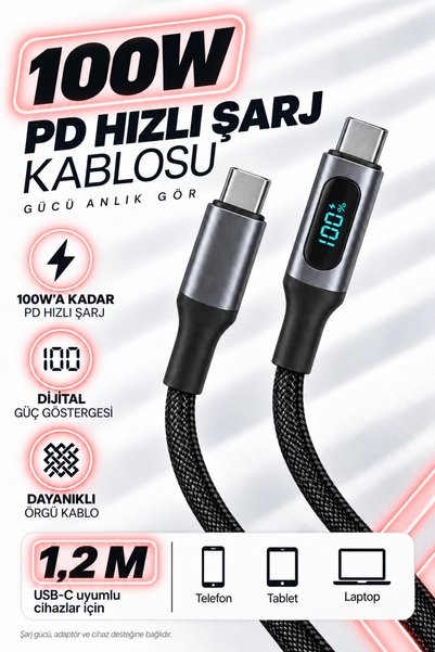VOOKA 100W PD Hızlı Şarj Kablosu Type-C to Type-C Dijital Ekranlı Örgülü USB-...