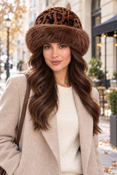 HatClub Exclusive Women's Leopard Patterned Fur-Looking Flexible Winter Hat