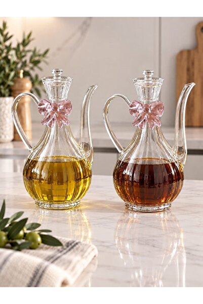 Qerhome Pembe Fiyonk Tasarımlı Borosilikat Cam Glorry Yağlık veya Sirkelik 750 Ml+750 Ml Çizgili Tasarım