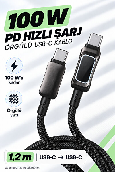 VOOKA 100W PD Şarj Kablosu Type-C to Type-C Hızlı Şarj ve Data Kablosu 5A Örg...