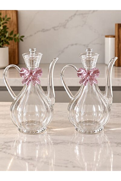 Qerhome Pembe Fiyonk Tasarımlı Borosilikat Cam Glorry Yağlık veya Sirkelik 750 Ml+750 Ml Çizgili Tasarım