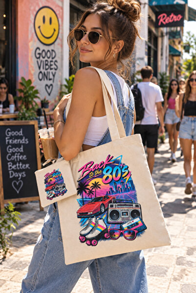 KRAFTELLA Linen Tote Bag & Clutch Bag Set of 2 – Back to the 80's Printed Ret...