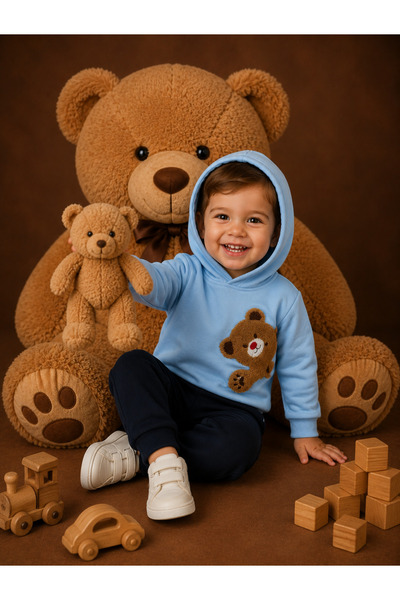 Momivi Kids Baby 100% Cotton Teddy Bear Embroidered Hooded Sweatshirt and Jogger Pants 2-Piece Set