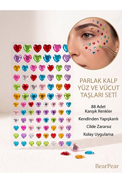 BearPear Çok Amaçlı Renkli Kalp Şekilli Yapışkanlı Taş - Yüz, Vücut, Tırnak v...