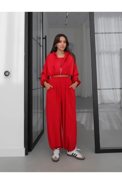 OZD Active İp Büzgülü Sweat Atlet Pantolon Üçlü Takım