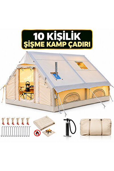 BRAVİON 10 Kişilik 4 Mevsim Şişme Kamp Çadırı Baca Çıkışlı, Su Geçirmez, Geni...