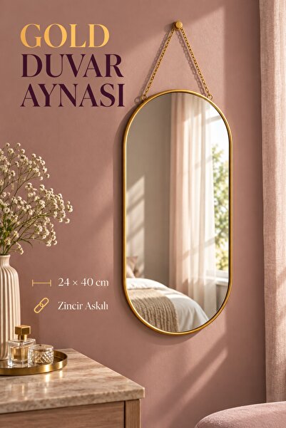 TTT Dekoratif Duvar Aynası - Gold Metal Çerçeveli - İp Askılı - 24x40 cm