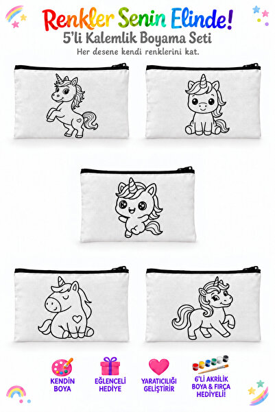 flaze Unicorn 5'li Boyanabilir Kalemlik Seti 15x19 cm Kalın Kumaş Çocuk Boyam...
