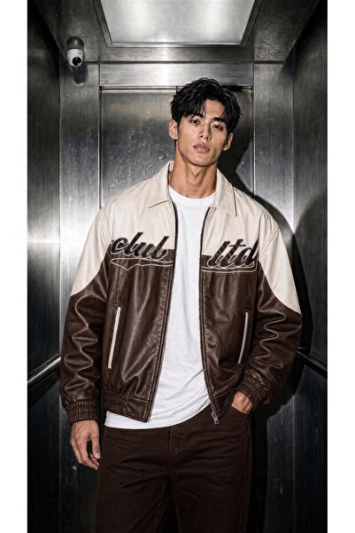 Oksit Club Ltd Nakış Detaylı Vintage Colorblock Gömlek Yaka Deri Bomber Ceket