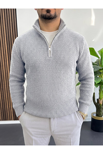 Edwox Men's Zippered Knitted Sweater Light Gray Edw509