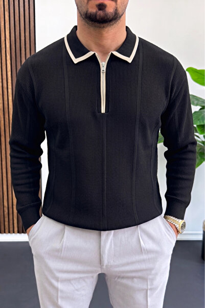 Edwox Men's Polo Collar Zippered Sweater Black Edw510