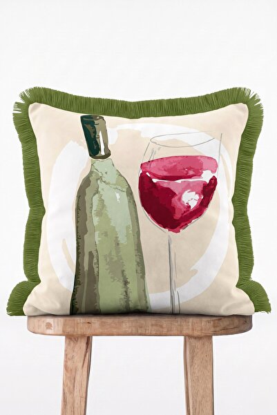 IdeCraft Bohemian Wine Glass and Bottle Patterned Decorative Fringed Throw Pi...