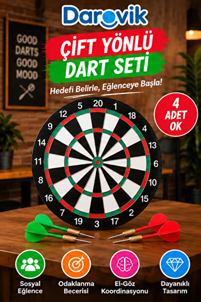 Darovik Çift Yönlü Dart Seti 12" 30 cm 4 Oklu Metal Bölmeli Ekstra Sağlam