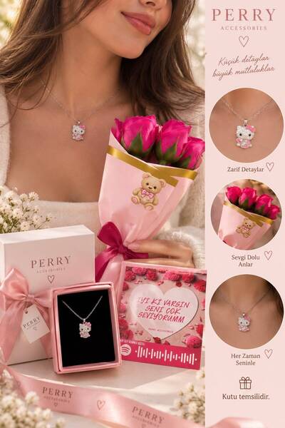 Perry Accesories hello kitty kararmaz çelik kolye ve üçlü pembe gül buketi öz...