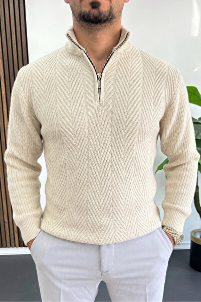 Edwox Men's Zippered Patterned Knitted Sweater Cream Edw512