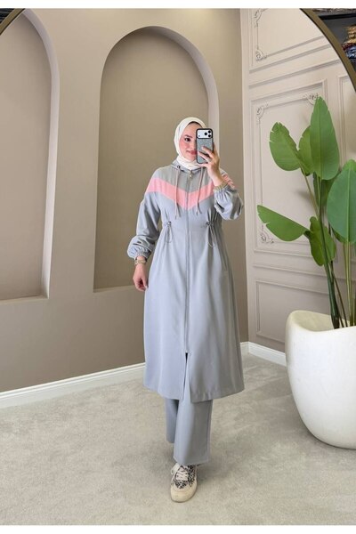 moda4b Women's 2-Piece Set Hooded Long Coat Trousers Double Crepe Comfortable...