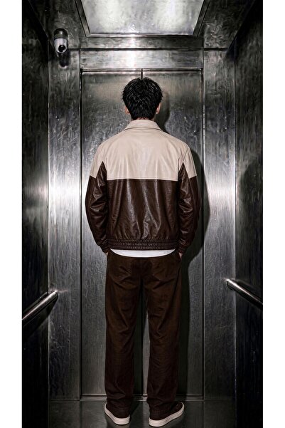 Oksit Club Ltd Nakış Detaylı Vintage Colorblock Gömlek Yaka Deri Bomber Ceket