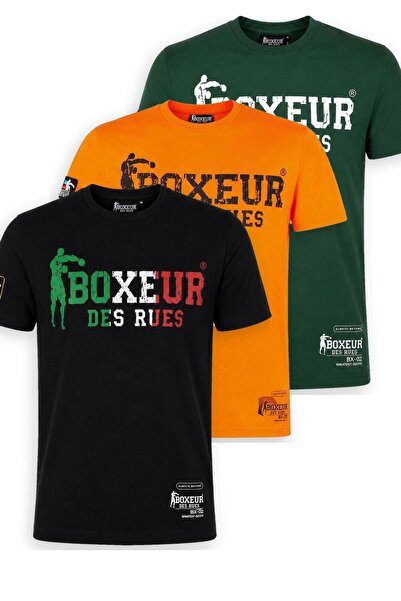 Boxeur Des Rues Pachet de 3 tricouri bărbătești slim-fit: Negru/Tricolor + Po...