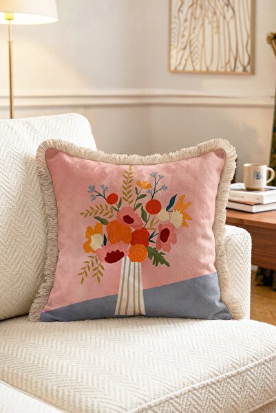 IdeCraft Lola Bouquet Retro Pembe Turuncu Çiçek Buketi Saçaklı Kırlent Kılıfı