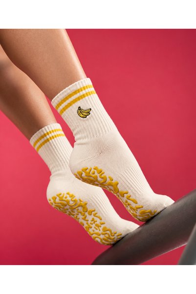 Loopie Socks Muz Nakışlı Kadın Pilates Çorabı Kaydırmaz Tabanlı Yoga Fitness ...