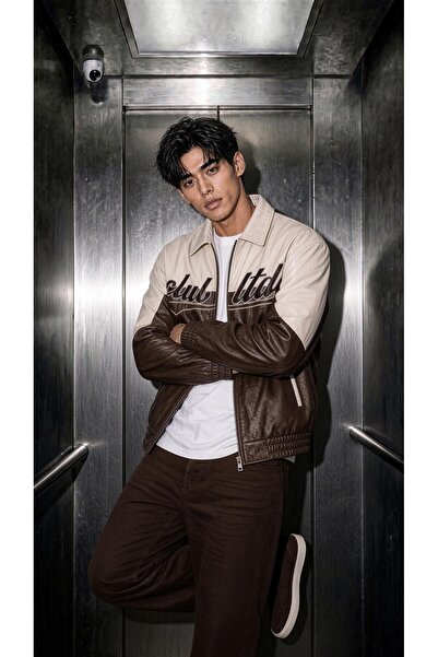 Oksit Club Ltd Nakış Detaylı Vintage Colorblock Gömlek Yaka Deri Bomber Ceket