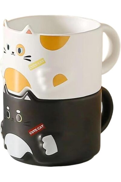 Tazweeq Cat Mug Set, 2Pcs Stackable Ceramic Coffee Mugs, 300ML Capacity, Dura...