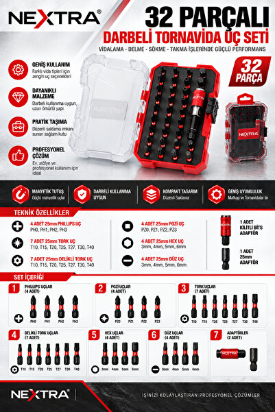 NEXTRA 32 Parça Darbeli Tornavida Uç Seti – Torx, Delikli Torx, Ph, Pozi, Hex...
