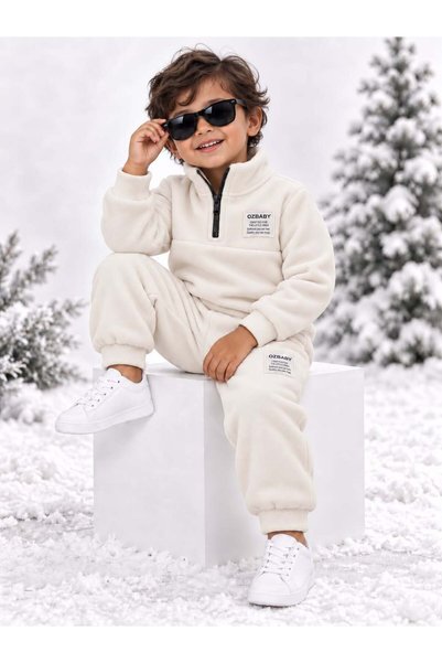 Oz Baby Winter Thick Fleece Stand Collar Zippered Girls and Boys Baby Kids Top and Bottom Set 1-5 Years Old