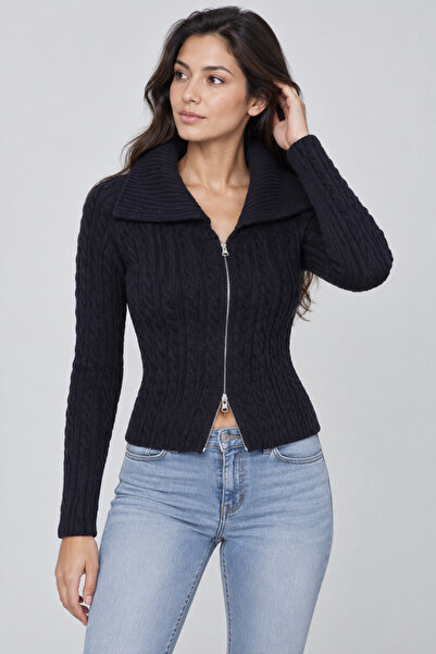ABBRA Women's Wide Collar Double Zipper Hair Braided Cardigan