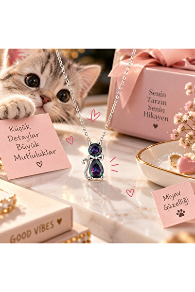 Sitare Jewelry 925 Ayar Gümüş Kedi Kolye | Renkli Taşlı Sevimli Kedi Figürlü ...