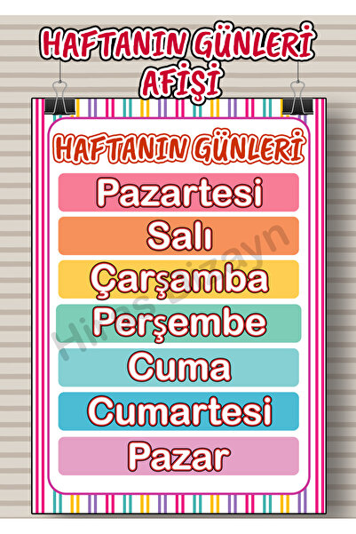 Hiras Dizayn HAFTANIN GÜNLERİ Afişi Eğitici Çocuk Posteri Okul Öncesi İlkokul...