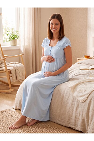 Lohussa New Season Blue Lace Detailed Buttoned Design with Breastfeeding Feat...