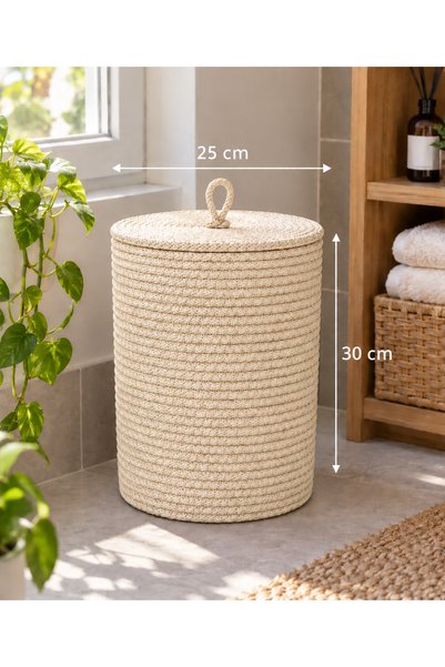 EGE ÖRGÜM El Yapımı Jüt Hasır Görünümlü Kapaklı Dekoratif Sepet 25x30 cm – Ör...