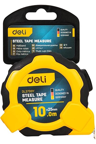 Deli Steel Measuring Tape, 10 Meter Length x 25 mm Width, Yellow