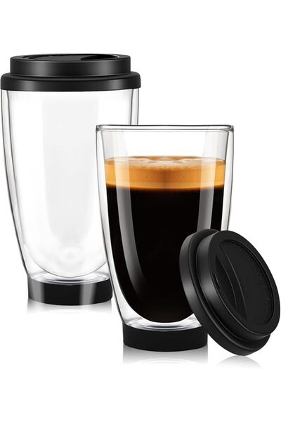 TERRIFI Double Walled Glass Coffee Mug with Silicone Lid for Hot and Cold Dri...