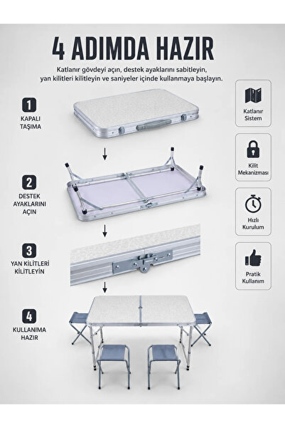 E BULURUM Valiz Tipi Katlanabilir Piknik Masası 4 Tabureli Taşınabilir Kamp Masası